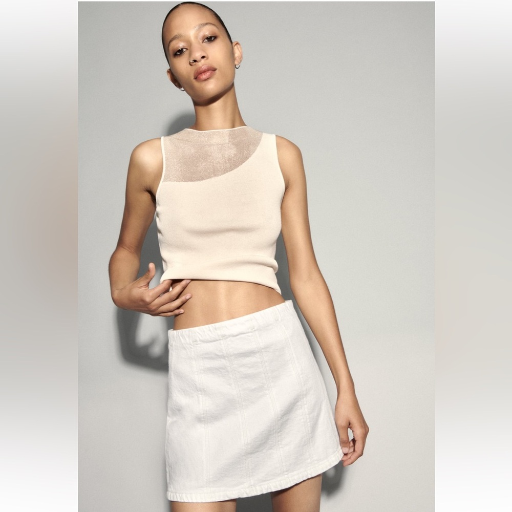 Zara combination knit top. New with tags. Sheer round neck. Size small.
